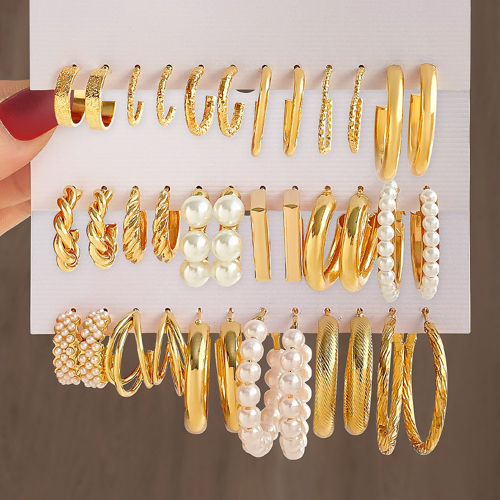 New Wholesale Gold Plated Pearl Butterfly Acrylic Hoop Earring Set for Women Metal Hollow Earrings Jewelry