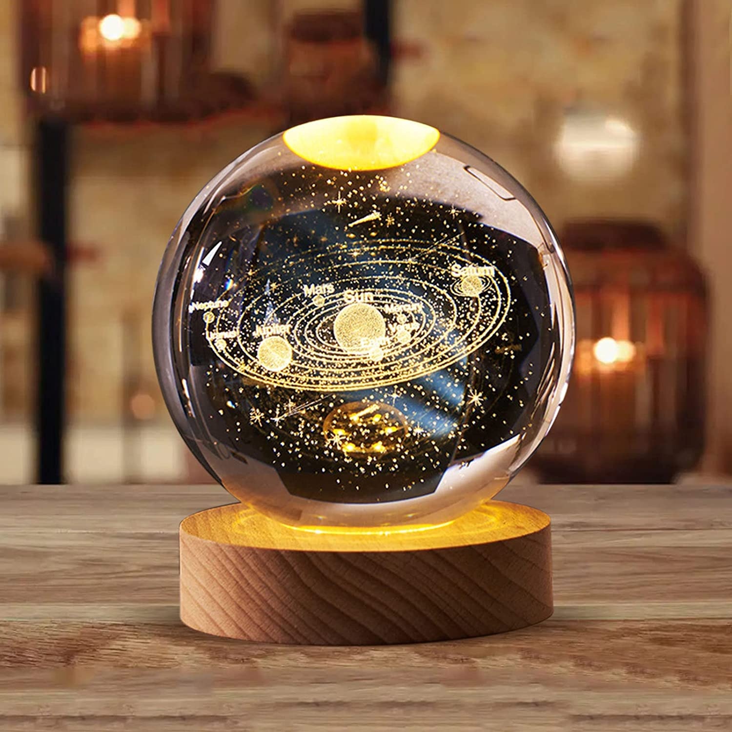 Solar System Moon Nebula 3d Art K9 Crystal Ball Night Lamp Luminous Crystal 3d Ball Night Lamp with Wooden Led Night Light Base