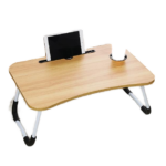 Portable Foldable Laptop Desk Card Slot Cup Holder Durable Metal Material Simple Wooden Design for Home Office Student Dormitory