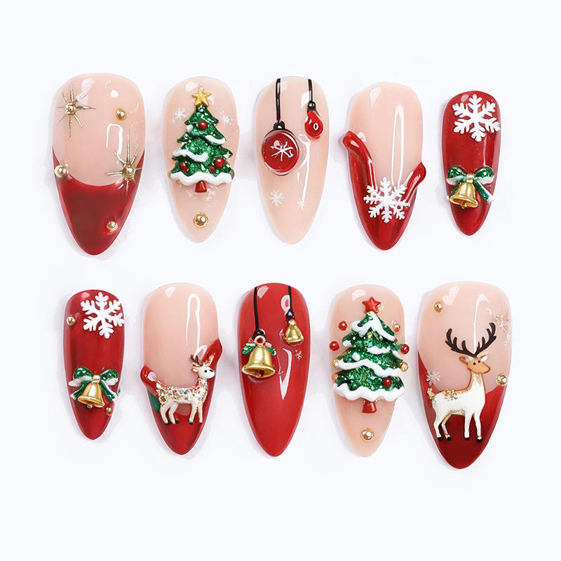 Christmas Press-On Nails 3D Stereo Reindeer Christmas Tree Almond-Shaped High-Quality Handmade Nail Tips